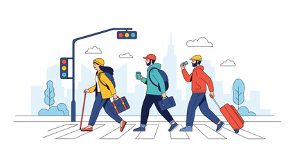 Fototapeta premium Three diverse people walking across a city crosswalk with luggage and bags under a traffic light in an urban setting.