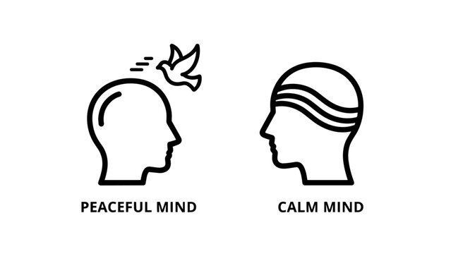 Peaceful and calm mind icons, head silhouettes with bird and waves