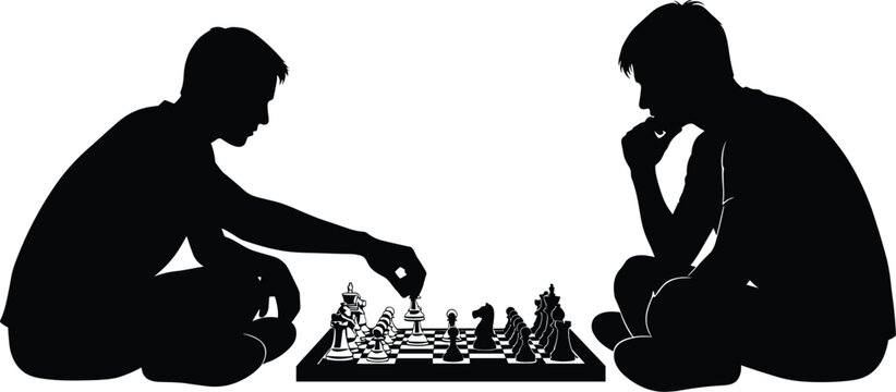 Black silhouette of two men playing chess game together isolated on white background for strategy, logic, competition and mental concentration.