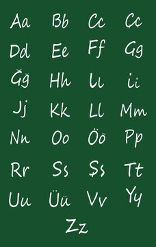 Turkish alphabet chart with uppercase and lowercase letters on green chalkboard background.