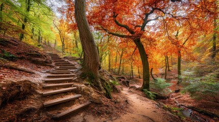 Obraz premium Autumn forest pathway leading through vibrant trees with colorful foliage