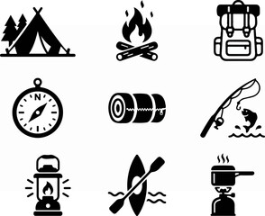 Fototapeta premium Camping and outdoor adventure icons for travel and exploration.