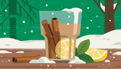 Illustration Of A Cup Containing A Warm Drink With Cinnamon, Small Snow, Lemon And Mint Leaves Vector Design Template © Princess