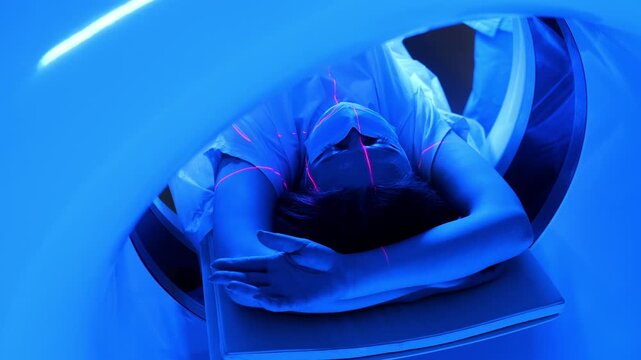 Patient inside MRI scanner with laser positioning lines on face during diagnostic imaging procedure in modern hospital under blue clinical lighting.