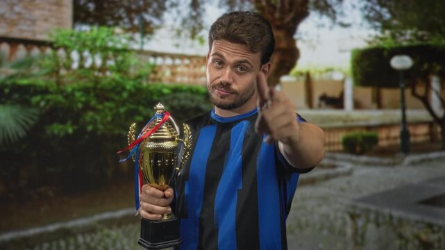 Young hispanic man holding gold trophy and pointing finger to camera in street courtyard with stone balustrade and trees; confidence.