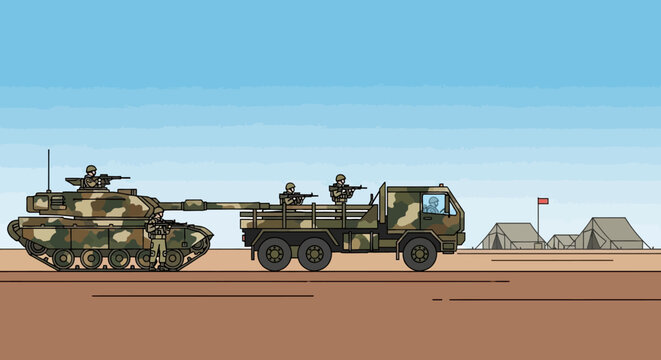 Military Tank Transported by Truck in Desert Camp Scene