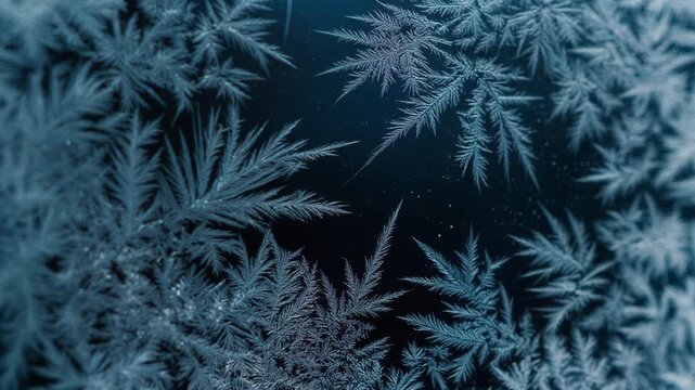 Frost patterns on glass for winter and cold themes. Intricate ice crystal formations with feathery branches. Dark blue and white color scheme. Static video background. Seamless loop