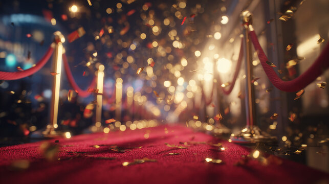 Red carpet event scene with velvet ropes and golden confetti luxury cinematic background for award shows, celebrity events and premium celebration design