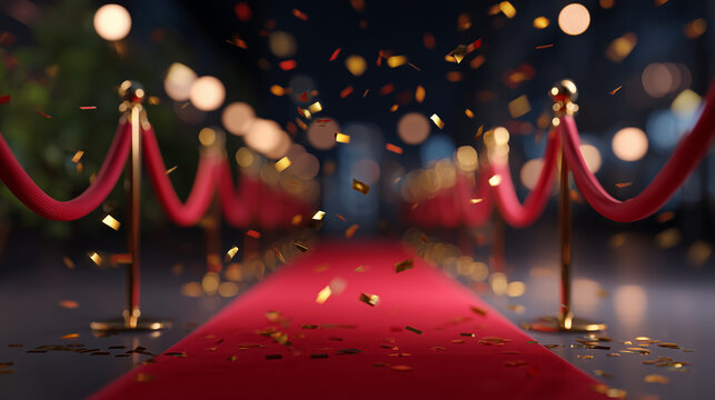 Red carpet event scene with velvet ropes and golden confetti luxury cinematic background for award shows, celebrity events and premium celebration design