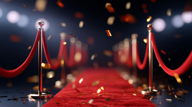 Red carpet event scene with velvet ropes and golden confetti luxury cinematic background for award shows, celebrity events and premium celebration design
