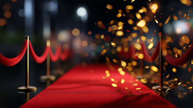 Red carpet event scene with velvet ropes and golden confetti luxury cinematic background for award shows, celebrity events and premium celebration design