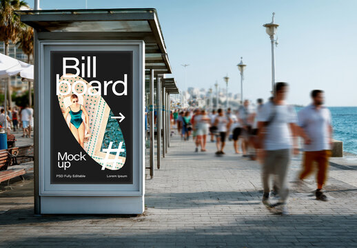 Outdoor Billboard Mockup In Beach Promenade With Motion Blur Crowd