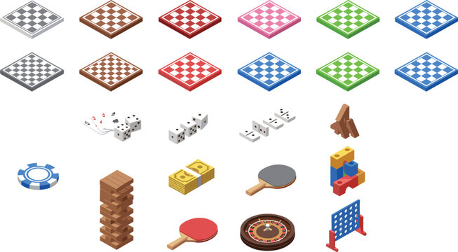 Vector illustration of gaming icons including checkerboards, cards, dice, poker chip, roulette wheel and board games