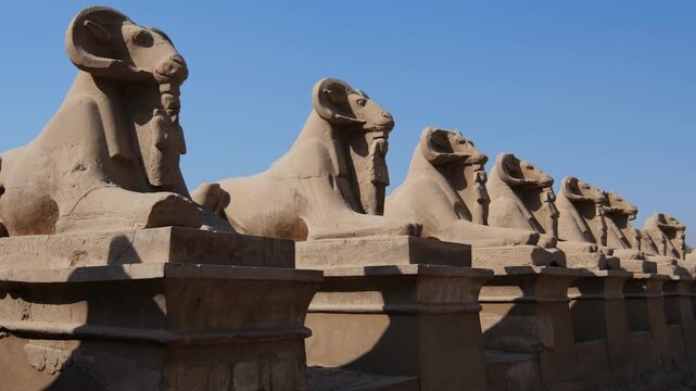 Karnak Temple in Luxor, Egypt. Ram-headed sphinx alley at Karnak Temple. Ancient stone statues of Amun god along sacred processional avenue.