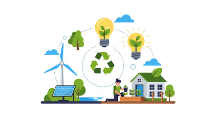 Fototapeta premium Sustainable Green Energy and Eco-Friendly Living Concept with Renewable Resources Illustration