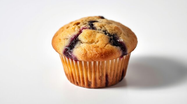 A delicious blueberry muffin in a paper wrapper on a white background