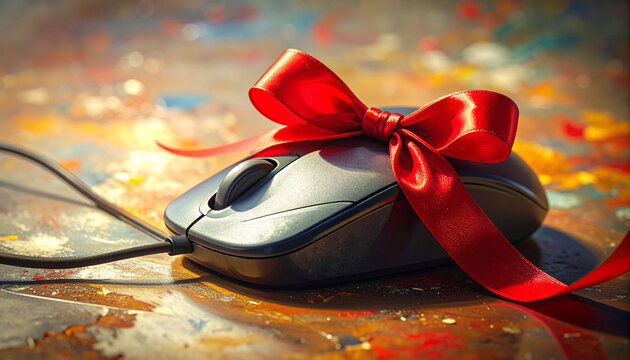Computer mouse with red ribbon bow on a colorful artistic background