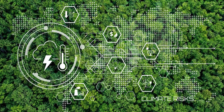 Global climate risks abstract concept with digital overlays showcasing environmental data and economic icons over lush green forest canopy