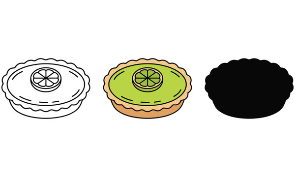 Vector graphic illustration of a key lime pie in different design stages and a silhouette
