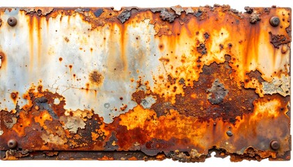 Fototapeta premium Close-up of a rectangular, weathered metal plate, heavily oxidized with patches of silver, orange, and brown, held together with rivets