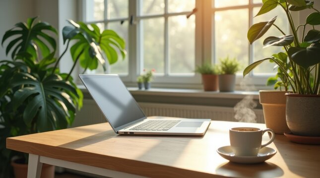 A bright modern home office desk made of solid oak wood, a silver laptop on a white stand