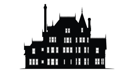 Silhouette of a large gothic style mansion with multiple spires and turrets silhouette © arfanah02