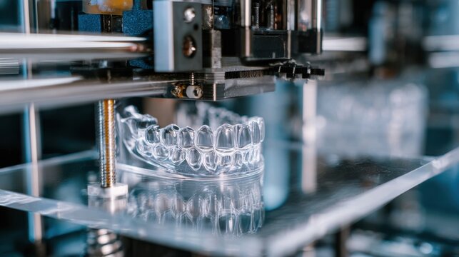 Medium shot of a resin 3D printer precisely forming clear resin dental study models showcasing intricate tooth structures in sharp focus with the machines moving parts softly