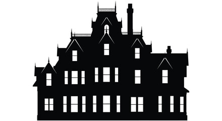 Silhouette of a large gothic style mansion with multiple turrets and chimneys © arfanah02