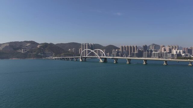 Aerial view of tseung kwan o cross bay link bridge in hong kong