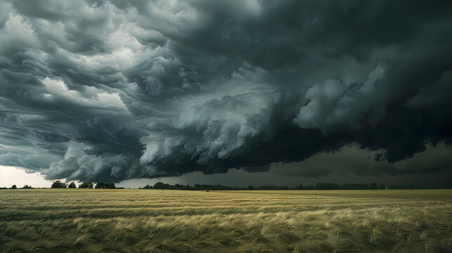 Dramatic storm clouds gather over a golden field and distant treeline