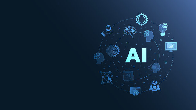 An abstract illustration of AI technology with gears, icons, and the word AI prominently featured against a blue background.