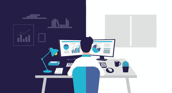 Man Working on Computer with Charts.