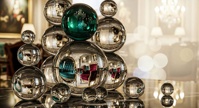 Reflective glass orbs in various sizes with one green orb stacked on a table with blurred background