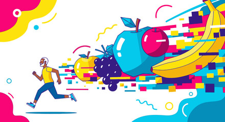 Naklejka premium Vibrant illustration of an active senior man running towards a colorful burst of healthy fruits, representing a dynamic lifestyle, nutrition, and well-being.