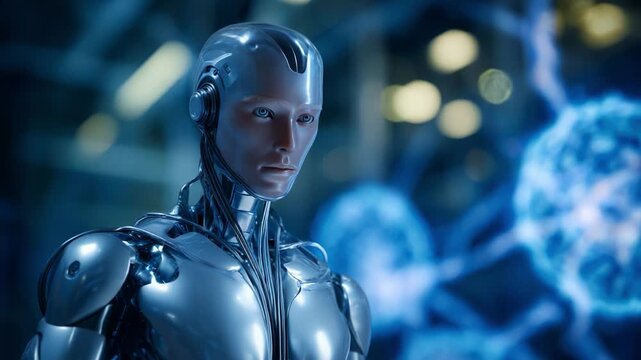 Futuristic humanoid robot standing in a digital environment, showcasing advanced technology and artificial intelligence concepts with glowing data patterns in the background.