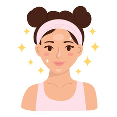 Fototapeta premium Smiling woman with glowing skin and pink headband. Flat vector illustration of female character with hair buns after beauty skincare routine.