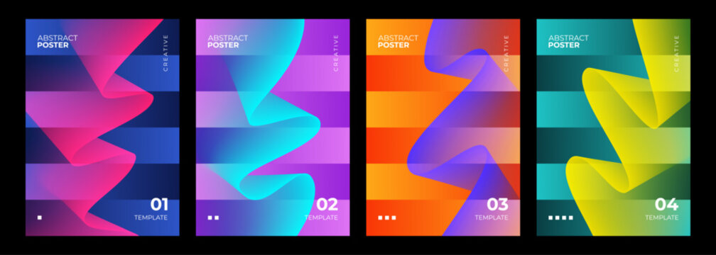 Abstract Posters Set. Bright gradient waves and stripes. Vibrant wave patterns for creative graphic design. Vector illustration.	