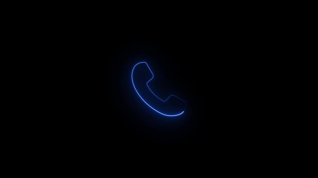 Bright cyan neon outline of a telephone handset on a black background signifying modern technology and digital communication on mobile phone screen animation on black background, call icon animation.