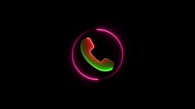 Bright cyan neon outline of a telephone handset on a black background signifying modern technology and digital communication on mobile phone screen animation on black background, call icon animation.