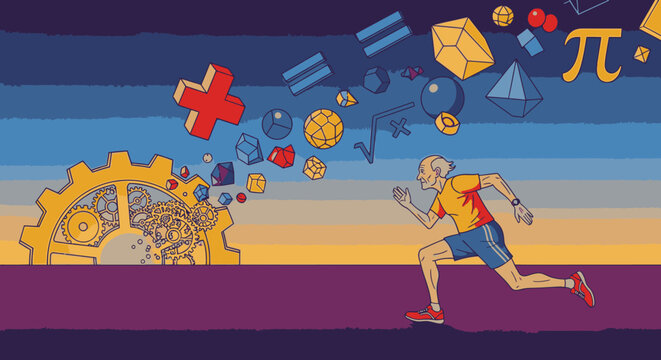 Elderly man running with mathematical symbols and gears emerging from his head, symbolizing mental agility and active aging