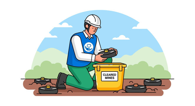 Man kneeling beside a yellow recycling bin with tools outdoors in nature