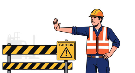 Fototapeta premium Construction worker stopping traffic with caution sign and roadblock