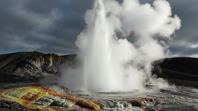 Massive geyser erupts from barren vents spouting steam into smoky rugged landscape under gray skies