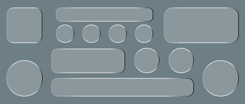 Trend liquid glass frames and buttons set. of glass morphism text boxes, menu windows, search bars, website, mobile app ui ux design elements.  Vector illustration eps10