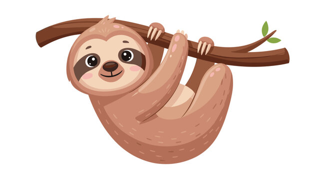 Adorable cartoon sloth, happily hanging upside down from a tree branch, featuring a charming smile and big, friendly eyes.