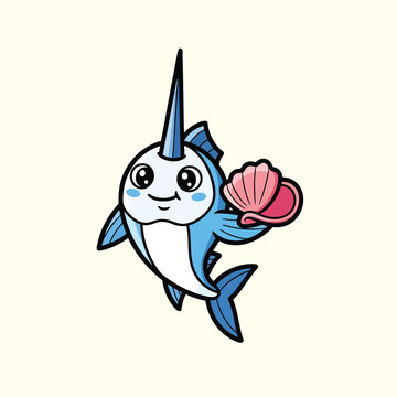A cartoon-style narwhal character, blue and white, with a large tusk. Holding a pink seashell in its flipper. The background is cream-colored