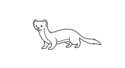 Fototapeta premium Simple black and white line art illustration of a cute weasel, standing in profile, showcasing its slender body and distinctive facial features.