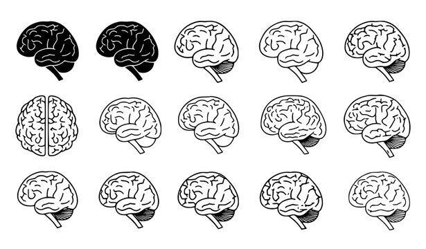 Human Brain Icon Set &ndash; Solid and Outline Style Creative Idea Vector Collection