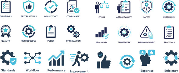 Fototapeta premium Business Process and Quality Icons – Guidelines and Compliance Set