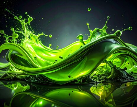 Viskose Neon-Limetten-Fl&uuml;ssigkeit auf dunklem Anthrazit, elektrisches Leuchten, Cyberpunk-Stil, generative KI.